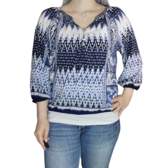 FIG & FLOWER Women Paisley Print Blouse Sz M Blue 3/4 Sleeve Abstract 26-3 - Picture 2 of 13